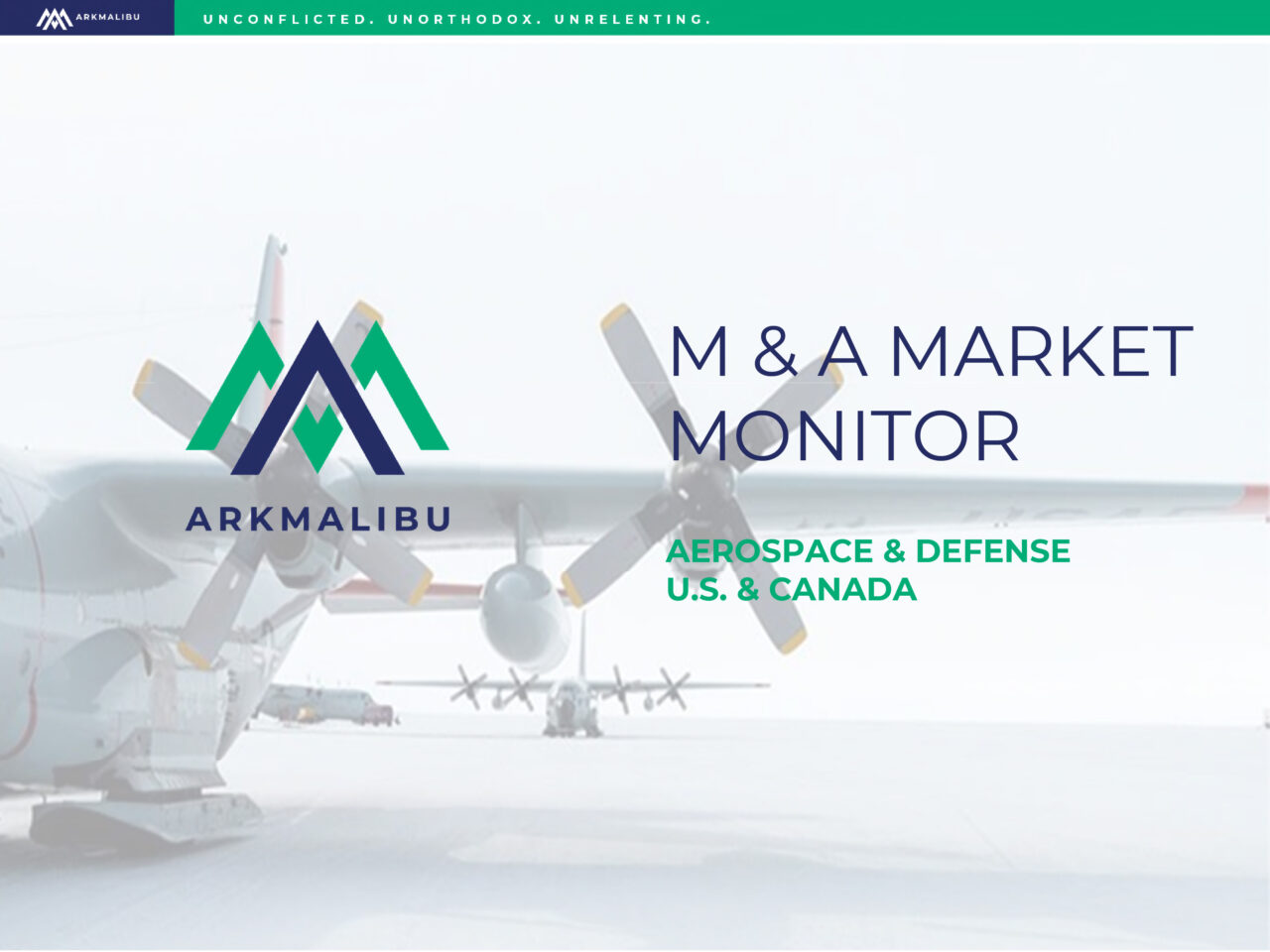 Market Monitor Cover for Aerospace & Defense. Faded Plane on a runway in the background
