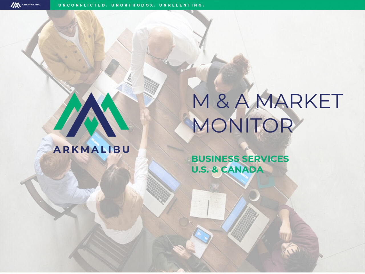 Market Monitor Cover for Business Services. Faded Image of an aerial view of a boardroom table with people meeting at it in the background