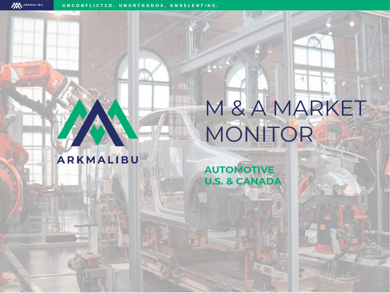 Market Monitor Cover for Automotive. Faded car on an assembly line in the background