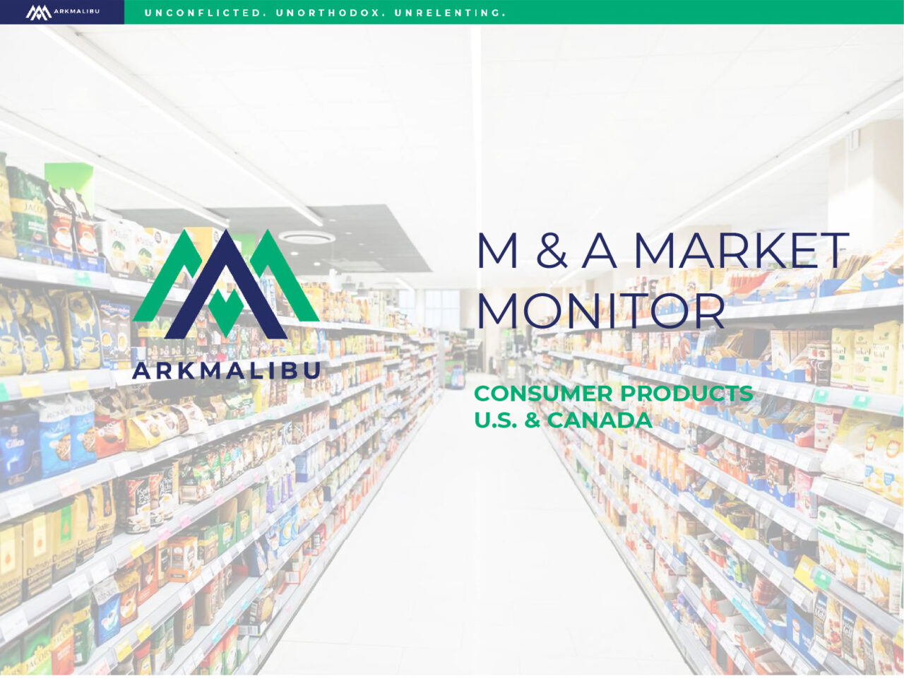 Market Monitor Cover for Consumer Products. Faded Image of a fully stocked Grocery Store aisle in the background