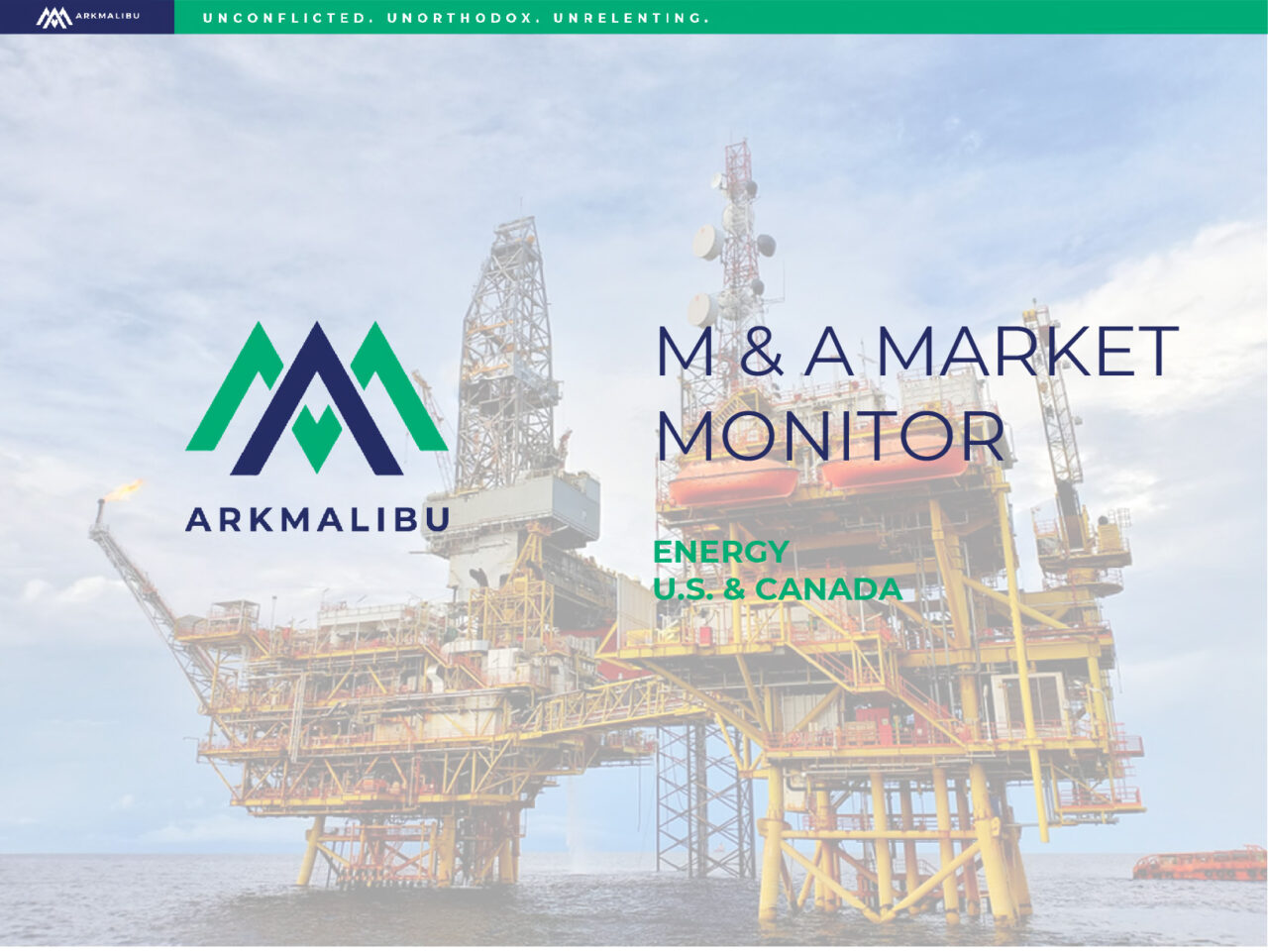 Market Monitor Cover for Energy. Faded Image of an oil platform in the background