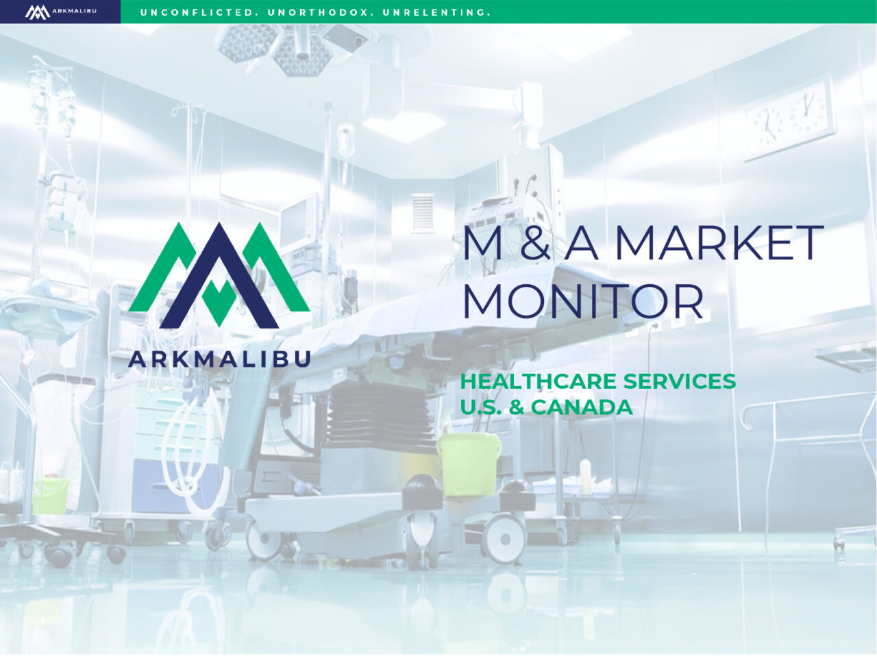 Market Monitor Cover for Healthcare. Faded Image of an operating room in the background