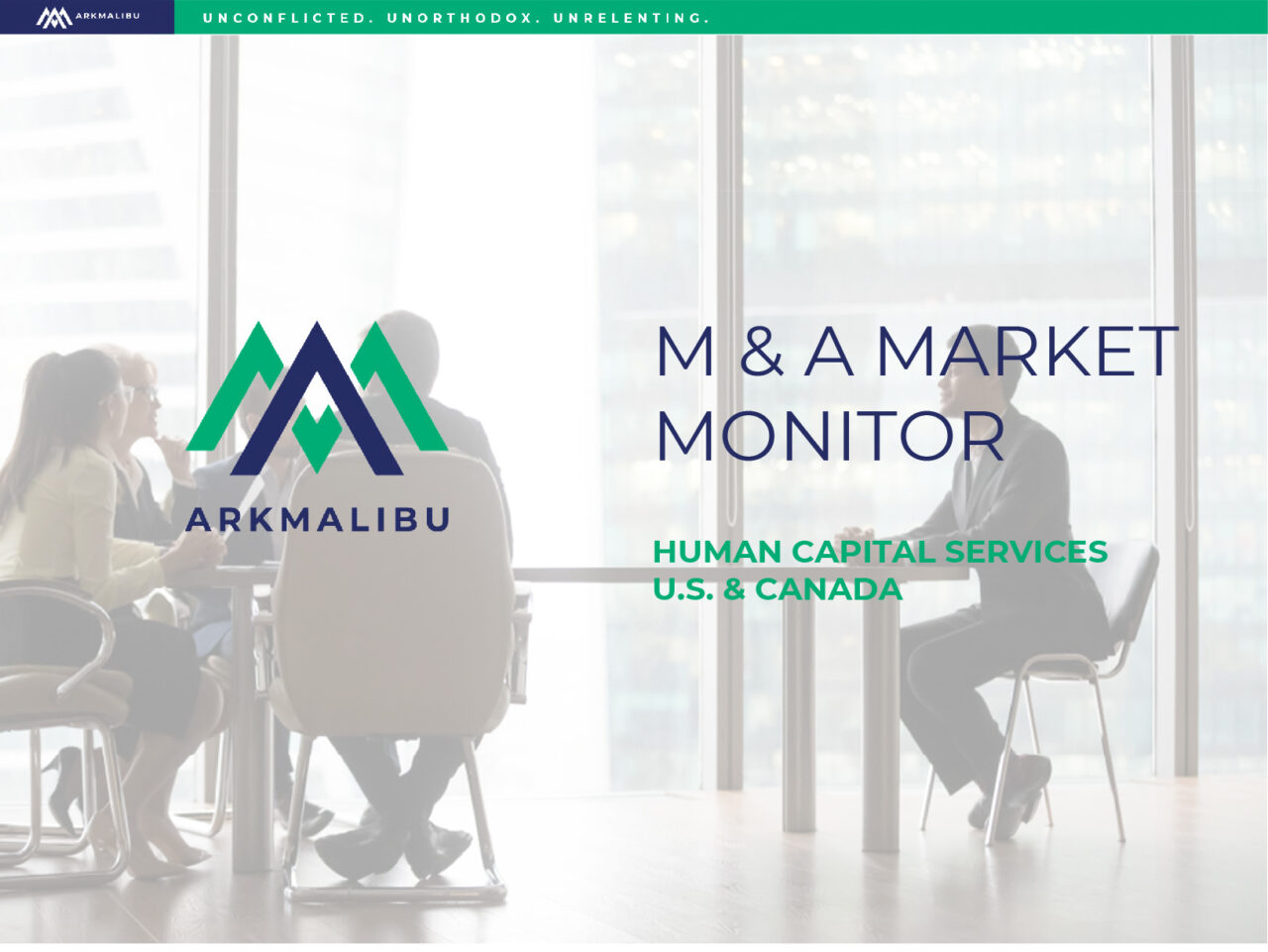 Market Monitor Cover for Human Capital Services. Faded Image of a meeting room of people in the background