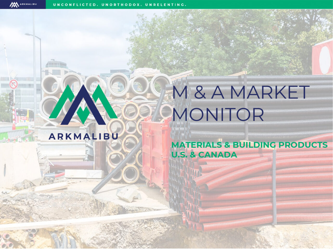 Market Monitor Cover for Materials & Building Products. Faded Image of a stockpile of building materials in the background