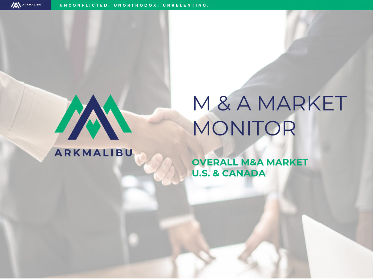 Market Monitor Cover for Overall M&A. Faded Image of handshake the background