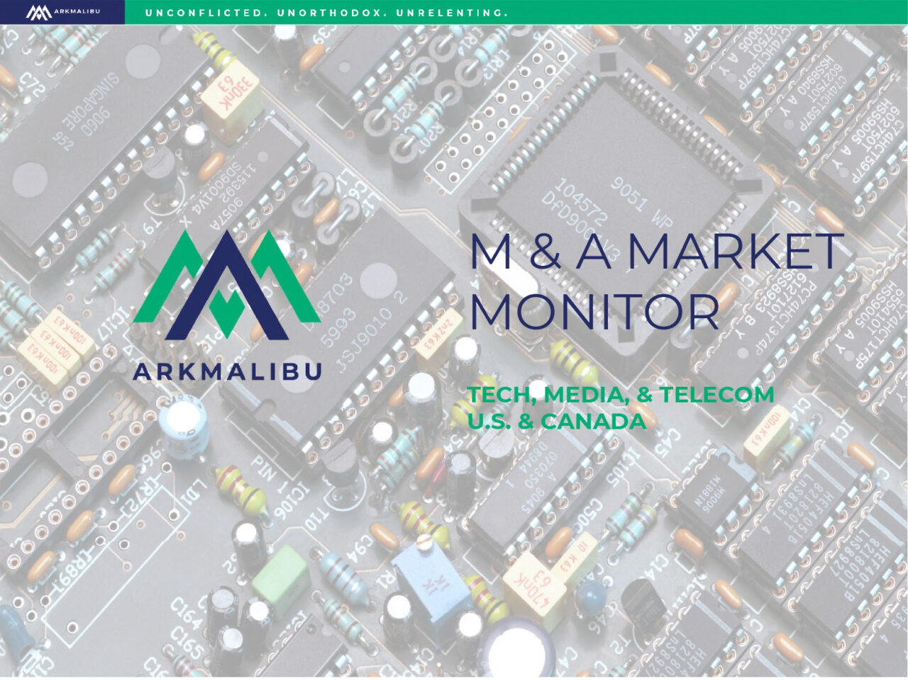 Market Monitor Cover for Tech, Media & Telecom. Faded Image of a circuit board in the background