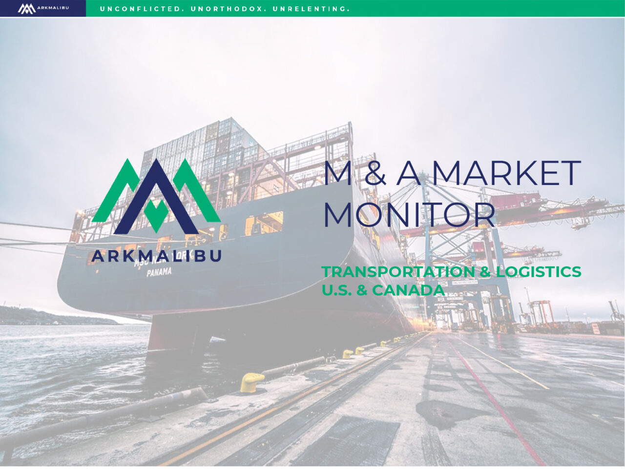 Market Monitor Cover for Transportation. Faded Image of a large ship filled with shipping containers in the background