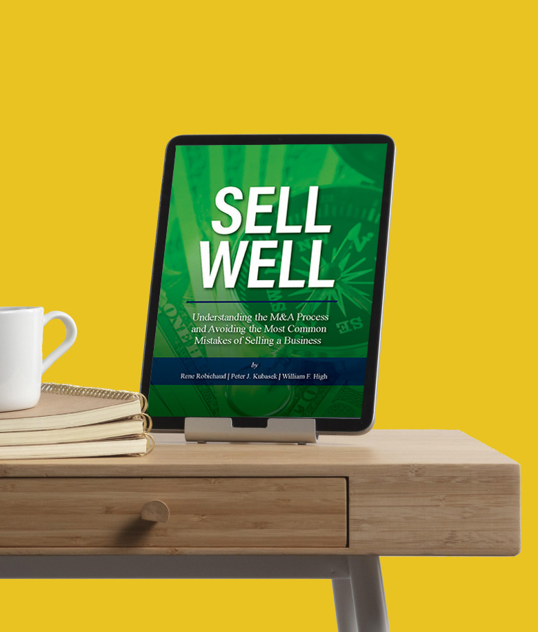 An tablet sitting in a stand on a wooden desk, showcasing the cover of Sell Well. Desk is in front of a bright yellow backdrop